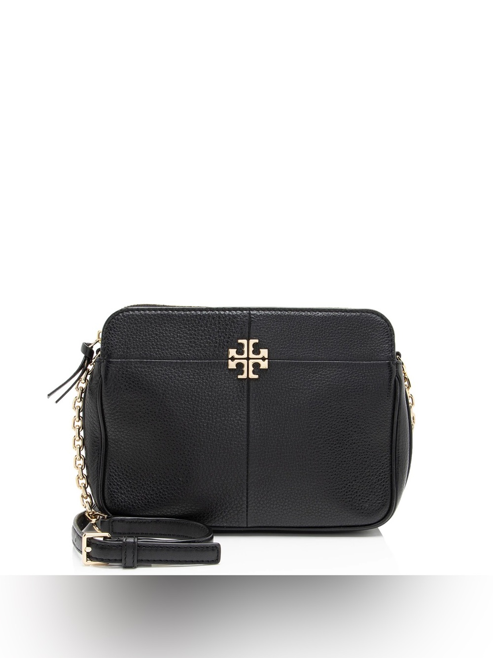Tory Burch Black Pebbled Leather Logo Crossbody with Gold Hardware